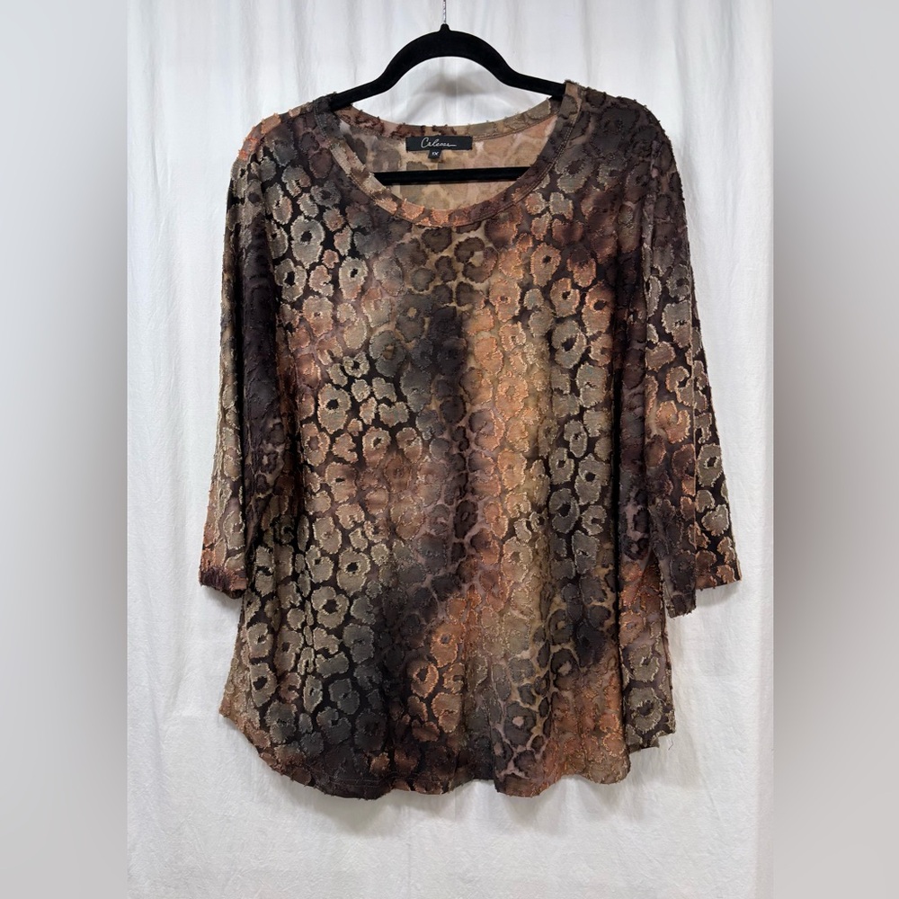 Caleoas Top Blouse 1X Brown Burnout Textured Slinky Art to Wear